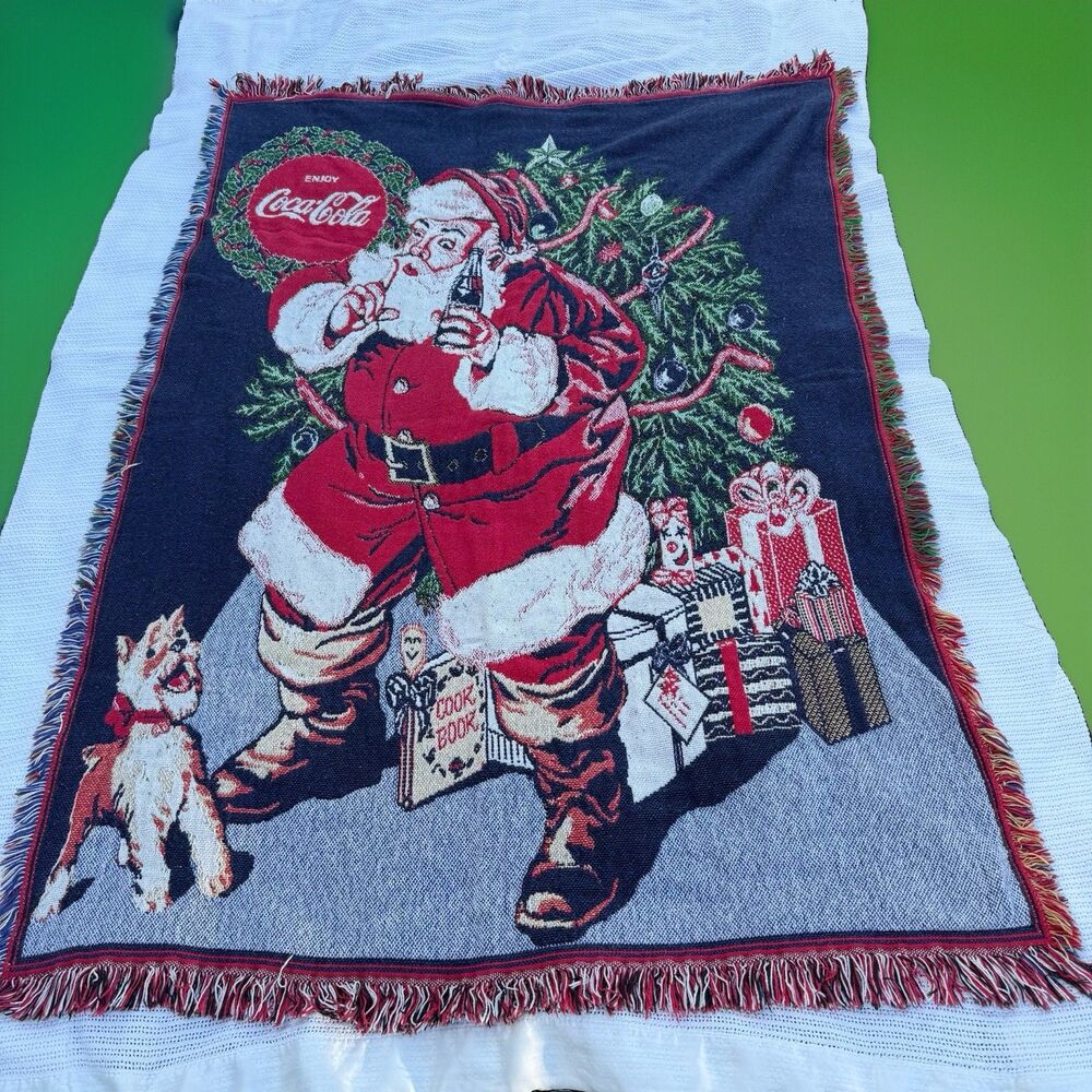 VTG 1993 Coca Cola Santa Clause Christmas Holiday Tapestry Throw Blanket 64x45